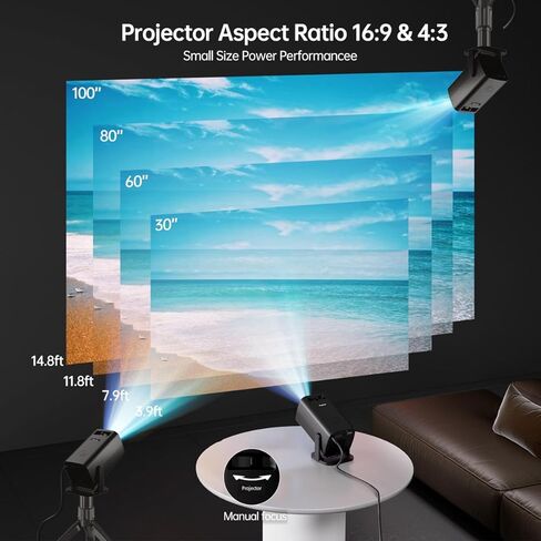 Mini Projector, Full HD 1080P Support Portable Outdoor Movie Projector, Smart Projector Compatible with Smartphone/TV Stick/Laptop/USB/HDMI, Indoor & Outdoor Use in Saudi Arabia