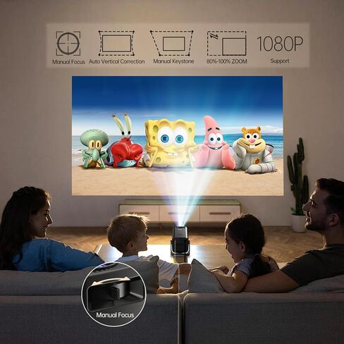 Mini Projector, Full HD 1080P Support Portable Outdoor Movie Projector, Smart Projector Compatible with Smartphone/TV Stick/Laptop/USB/HDMI, Indoor & Outdoor Use in Saudi Arabia