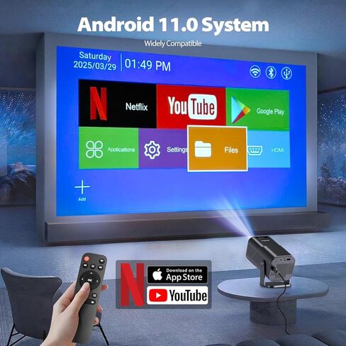 جهاز عرض صغير مع WiFi و Bluetooth ، Portable Outdible Projector 4K ، و 200 ANSI Lumens ، وجهاز عرض ذكي مع Android11.0 ، و PromeCure المدمج في التطبيق للمسرح المنزلي ، والتخييم ، والألعاب in Kuwait