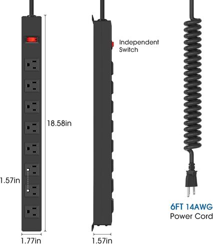 HHSOET 8 Outlet Metal Wall Mount Power Strip, Mountable Outlet with Switch, Heavy Duty Wide Spaced Surge Protector, 6 FT SJT 14AWG Black Spring Cord. in Saudi Arabia