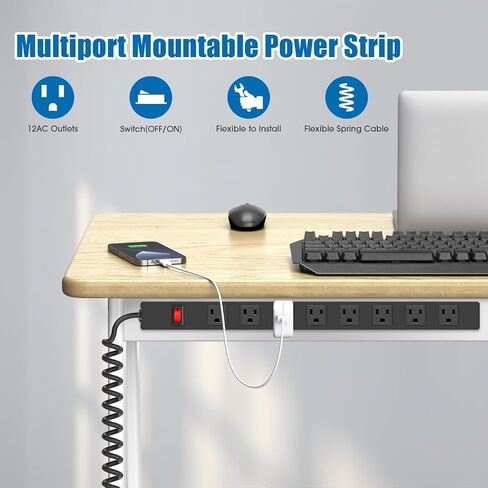 HHSOET 8 Outlet Metal Wall Mount Power Strip, Mountable Outlet with Switch, Heavy Duty Wide Spaced Surge Protector, 6 FT SJT 14AWG Black Spring Cord. in Saudi Arabia