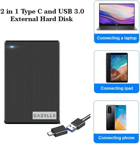 Gazelle Ultra Slim Portable Disk - 2 في 1 النوع C و USB 3.0-2 ، HDD الخارجي - للكمبيوتر الشخصي ، MAC ، الكمبيوتر المحمول ، PS4 ، Xbox One ، Xbox (أسود) (500 جيجابايت) in Saudi Arabia
