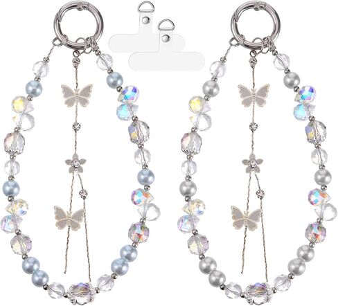 2pcs Butterfly Beaded Phone Charms Strap,Cute Phone Key Chain Crystal Phones Wrist with Tether Tab Hands-Free Wristlet Phones Keychain Charm in Saudi Arabia