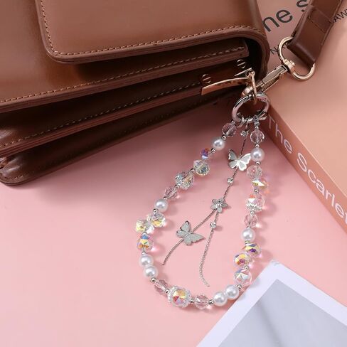 2pcs Butterfly Beaded Phone Charms Strap,Cute Phone Key Chain Crystal Phones Wrist with Tether Tab Hands-Free Wristlet Phones Keychain Charm in Saudi Arabia