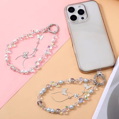 2pcs Butterfly Beaded Phone Charms Strap,Cute Phone Key Chain Crystal Phones Wrist with Tether Tab Hands-Free Wristlet Phones Keychain Charm in Saudi Arabia