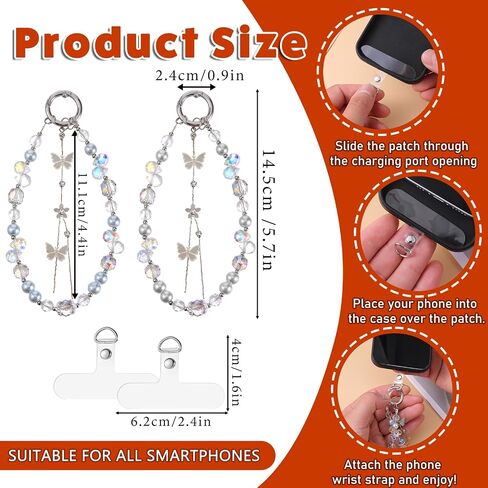 2pcs Butterfly Beaded Phone Charms Strap,Cute Phone Key Chain Crystal Phones Wrist with Tether Tab Hands-Free Wristlet Phones Keychain Charm in Saudi Arabia
