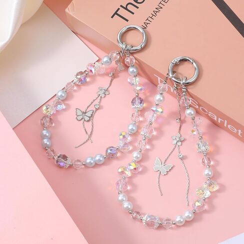 2pcs Butterfly Beaded Phone Charms Strap,Cute Phone Key Chain Crystal Phones Wrist with Tether Tab Hands-Free Wristlet Phones Keychain Charm in Saudi Arabia