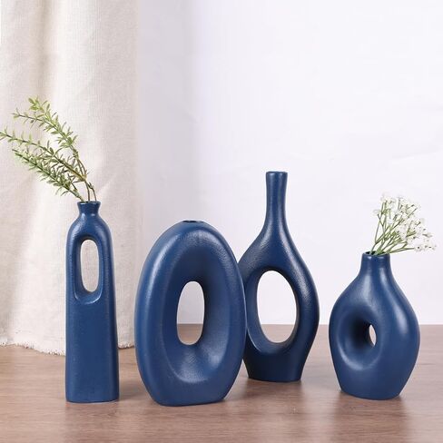 Black Ceramic Vase for Home Decor Set of 4 - Oval Hollow Vase Nordic Black Round Vase for Pampas Grass, Modern Decorative Flowers Vase for Living Room, Office, Mantel, Entryway, Table Centerpieces in Kuwait