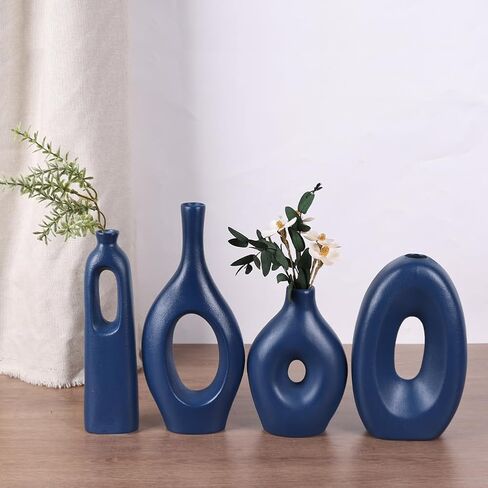 Black Ceramic Vase for Home Decor Set of 4 - Oval Hollow Vase Nordic Black Round Vase for Pampas Grass, Modern Decorative Flowers Vase for Living Room, Office, Mantel, Entryway, Table Centerpieces in Kuwait