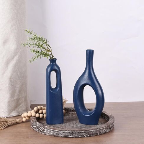 Black Ceramic Vase for Home Decor Set of 4 - Oval Hollow Vase Nordic Black Round Vase for Pampas Grass, Modern Decorative Flowers Vase for Living Room, Office, Mantel, Entryway, Table Centerpieces in Kuwait