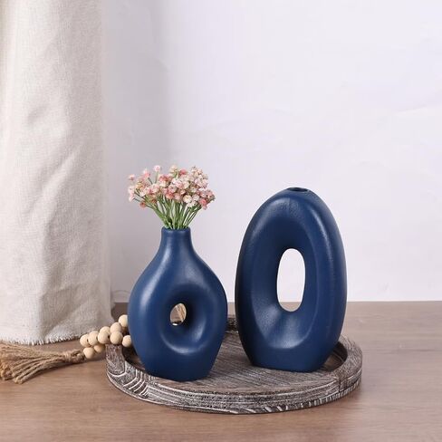 Black Ceramic Vase for Home Decor Set of 4 - Oval Hollow Vase Nordic Black Round Vase for Pampas Grass, Modern Decorative Flowers Vase for Living Room, Office, Mantel, Entryway, Table Centerpieces in Kuwait