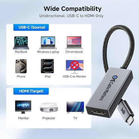 كيبل ماترز محول USB C الى HDMI 2.1 بسرعة 48 جيجابايت في الثانية يدعم 4K 120Hz و8K HDR - متوافق مع ثاندربولت 3 وثاندربولت 4 - أقصى دقة على ماك هي 4K عند 60Hz in Kuwait