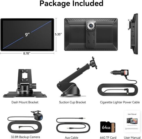 شاشة CarPlay اللاسلكية المحمولة للسيارة ، ودعم شاشة تعمل باللمس مقاس 9 بوصات ، كاميرا 4K Dash Cam & 1080p الكاميرا الاحتياطية ، Carplay ، Android Auto ، Link Link ، GPS Mavigation ، التحكم الصوتي (9 بوصة) in Kuwait