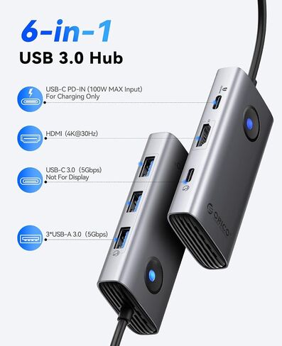 ORICO 6-in-1 USB C Docking Station with 4K HDMI, 3 USB-A 3.0 & 1 USB-C 3.0 Ports (5 Gbps), 100W PD Charging, Multiport Adapter for Windows, Mac in Saudi Arabia