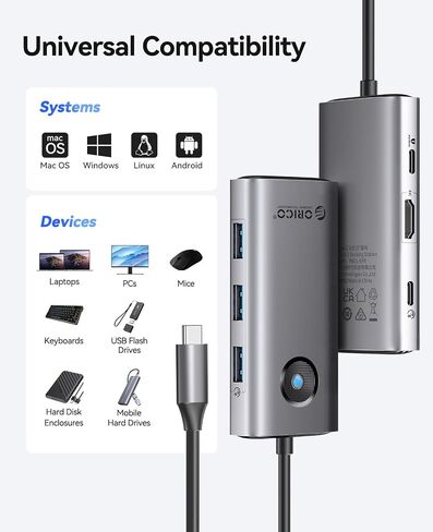 ORICO 6-in-1 USB C Docking Station with 4K HDMI, 3 USB-A 3.0 & 1 USB-C 3.0 Ports (5 Gbps), 100W PD Charging, Multiport Adapter for Windows, Mac in Saudi Arabia