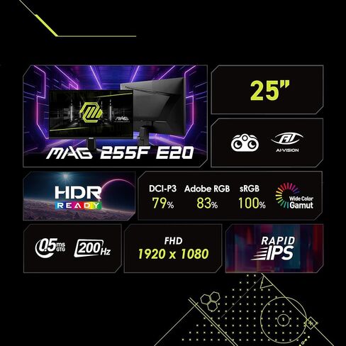 MSI MAG 255F E20 25 بوصة 1920 × 1080 (FHD) شاشة الألعاب ، 200 هرتز ، المزامنة التكيفية ، HDMI ، DisplayPort ، Vesa Mountable ، الميل ، قابلة للتعديل ، مكبر الصوت ، 0.5 مللي ثانية ، أسود in Kuwait