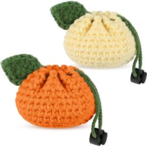 2 Pcs Orange Small Coin Purse Cute Tangerine Shaped Storage Bag Drawstring Crocheted Bag with Leaf Mini Change Pouch Knitting Woven Wallet for Women Girls Keychain Earbuds, Orange and Yellow