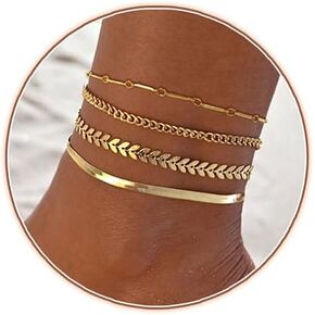 Gold Ankle Bracelets for Women, 14k Gold Anklets Waterproof Layered Adjustable Anklet Bracelets Cuban Link Snake Chain Anklets Set Summer Beach Foot Jewelry Gift for Teen Girls 4pcs