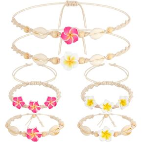 6 Pcs Plumeria Handmade Rope Weaving Hawaiian Bracelet Shell Ankle Bracelets Flower Foot Chain Flower Shell Bead Anklet Bracelet Plumeria Weave Flower Adjustable Necklace for Women Girls