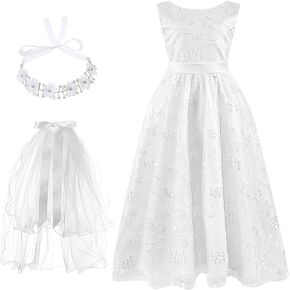 3 Pcs Girls First Communion Costume Set, White Lace Flower Girl Dress with Belt Floral Crown Head Wreath with Veil