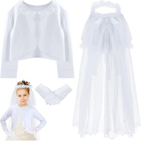 3pcs First Communion Veil Set Girl White Cardigan Holy Communion Headpiece Satin Gloves with Beaded Cross for Dress