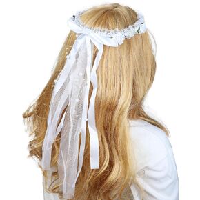 Needzo First Holy Communion Headpiece, White Veil Headband with Flower Accents, Elegant Hair Accessory for Church Ceremony, One Size Fits Most