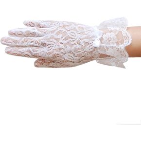 Stretch floral lace gloves for girl with lace ruffle trim Wrist Length 2BL