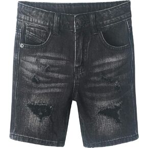 KIDSCOOL SPACE Little Big Boys Denim Shorts,Elastic Band Inside Ripped Knee-Length Jean Summer Pants