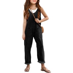 Haloumoning Girls' Denim Overall Jumpsuits Sleeveless V Neck Adjustable Straps Jeans Pants Jumpers with Pockets