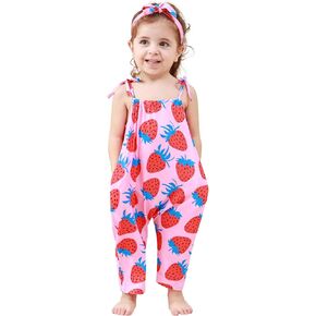 Toddler Baby Girls Romper Sleeveless Jumpsuit Summer Clothes Adjustable Tie-Up Strap with Pocket Headband 1-5T