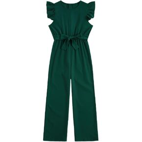 Milumia Girl's Belted Ruffle Trim Cap Sleeve Jumpsuit Solid High Waist Long Pants Romper