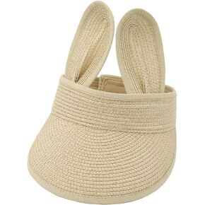 Unisex Kids Baseball Cap Summer Sun Visor Hat Beach Straw Caps Long Brim Visors for Children Bunny Ears Boys and Girls Beige