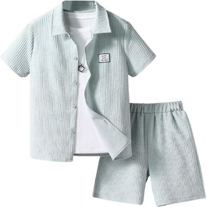 Verdusa Boy's 2 Piece Outfits Button Down Textured Shirt and Elastic Waist Shorts Sets