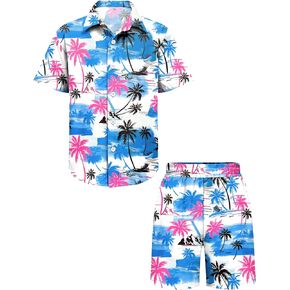 LecGee Boy's 2 Piece Outfits Hawaiian Shorts Sets Tropical Print Button Down Short Sleeve Shirt and Shorts