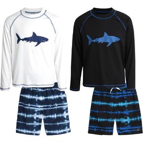 Boys' Rash Guard Set - 4-Piece UPF 50+ Long Sleeve Swim Shirt and Trunks Swimsuit Set (Little Boy/Big Boy)