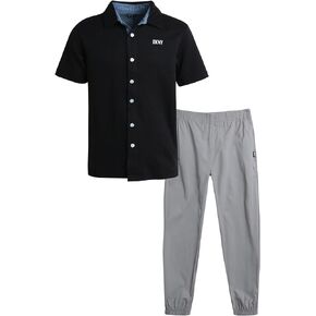 DKNY Boys' Pants Set - 2 Piece Short Sleeve Button Down Polo Shirt and Tech Pants - Complete Outfit Set for Boys (8-12)