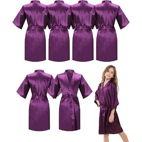 6 Pieces Girls Kids Silky Satin Solid Color Short Kimono Robes for Wedding Birthday Party Spa