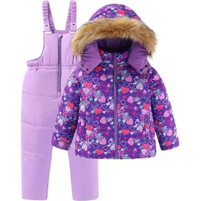 Girls 2 Piece Snowsuit Warm Padded Ski Jacket and Bib Pants Outfit Set