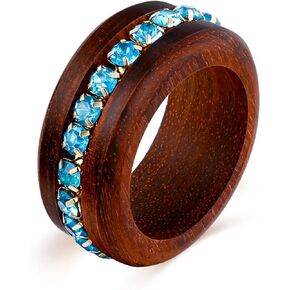 Natural Wood Wedding Band for Men Women, Wedding Engagement Ring with Blue Cubic Zirconia, Sandalwood Ring Comfort Fit Size 7 to 10