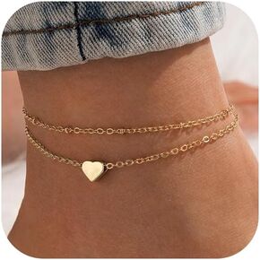 Anklets for Women 14K Real Gold/Silver Plated Ankle Bracelets Trendy Waterproof Boho Anklets Set Adjustable Dainty Cute Diamond Beaded Heart Non Tarnish Summer Beach Jewelry Gift for Teen Girls