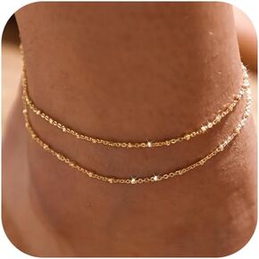 Anklets for Women 14K Real Gold/Silver Plated Ankle Bracelets Trendy Waterproof Boho Anklets Set Adjustable Dainty Cute Diamond Beaded Heart Non Tarnish Summer Beach Jewelry Gift for Teen Girls