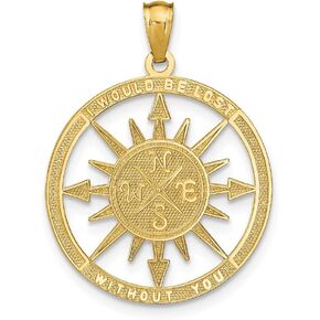 Solid 14k Yellow Gold Men's Lost Without You Compass Brushed Matte Finish Pendant Charm 27mm