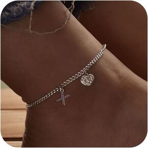 Initial Ankle Bracelets for Women Silver Plated Dainty Cuba Thin Chain Letter Name Anklets Cubic Zirconia Heart Anklets Bracelets Waterproof Minimalist Simple Anklets For Teen Girls Fashion Summer Jewelry Anklet For Women