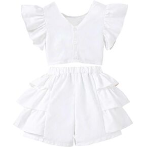 OYOANGLE Girl's 2 Piece Set Floral Lace V Neck Cap Sleeve Tops and Layered Ruffle Shorts