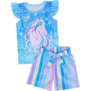 PASHOP Girls' Summer Outfit Set with Ruffled Unicorn/Mermaid Girls T-Shirt, Girls Shorts Set with Elastic Waistband Shorts