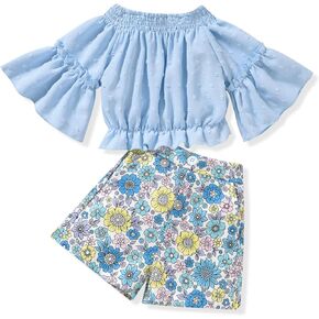 fioukiay Toddler Girls Summer Clothes Floral Outfit Flare Sleeve 2 Piece Short Sets Cute Clothing