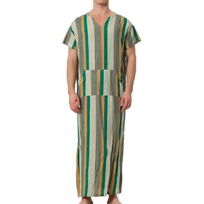Lars Amadeus Stripe Nightshirt for Men's V Neck Short Sleeves Color Block Nightgown