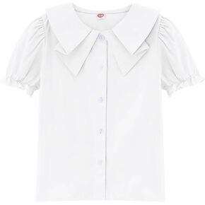 Girls Short Sleeve Peter Pan Blouse Puff Sleeve Button Down Shirt School Uniform Blouse 3-12 Years