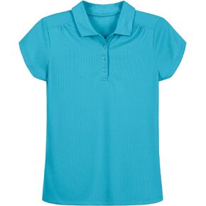Nautica Girls' School Uniform Short Sleeve Polo Shirt, Button Closure, Moisture Wicking Performance Material, Shirring Detail