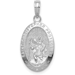 Solid Saint Christopher Protect Us Words on Oval Medal Pendant in Real 14k Gold
